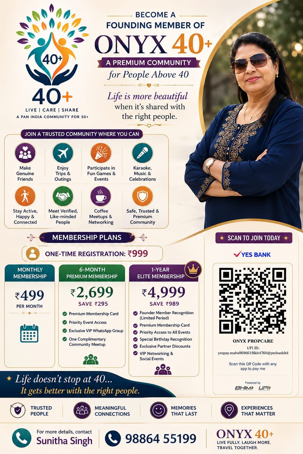 Onyx 40+ — Become a founding member. A premium community for people above 40. Membership plans: one-time registration ₹999, monthly ₹499, 6-month premium ₹2,699, 1-year elite ₹4,999.